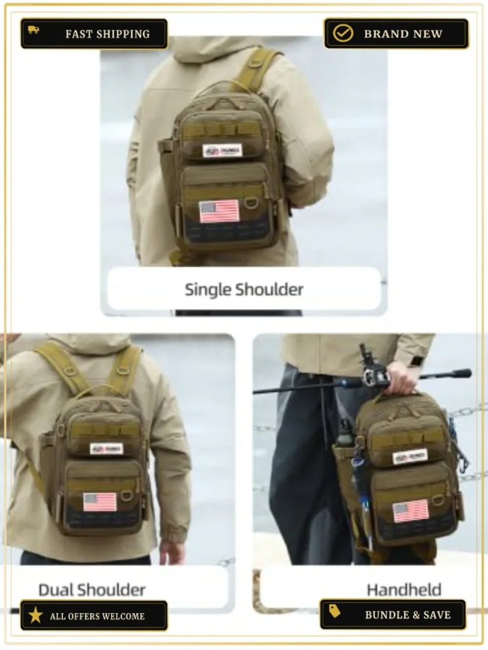 Fishing Tackle Backpack, 600D Oxford Gear Bag, Padded Straps, Multi-Pocket